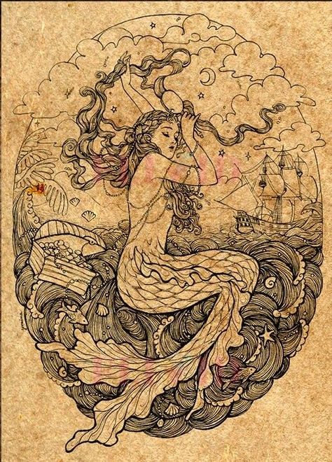 Victorian Mermaid Illustration, Mermaid In Shell Drawing, Antique Mermaid Illustration, Old Mermaid Drawing, Art Nouveau Mermaid Tattoo, Mermaid Illustration Vintage, Mermaid Vintage Illustration, Vintage Mermaid Illustration, Vintage Mermaid Art