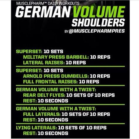 German volume shoulders German Volume Training Workouts, Muscle Pharm Workouts, Musclepharm Workouts, Arnold Workout, German Volume Training, Bodybuilding Routines, Back Workout Routine, Back Workouts, Muscle Pharm