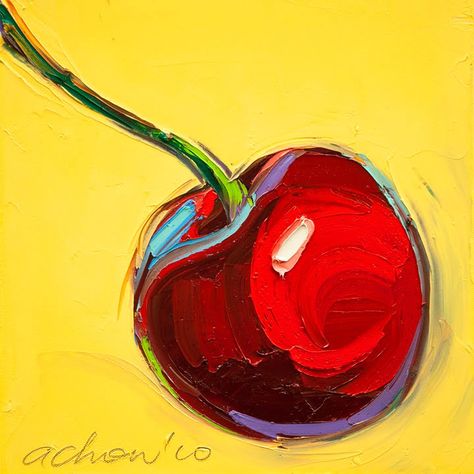 THE ART OF ALLAN CHOW: Original painting-Cherries -12X12-Modern ... Cherry Pictures, Cherries Painting, Food Painting, Fruit Painting, Red Cherry, Fruit Art, Yellow Background, Kitchen Art, Still Life Painting