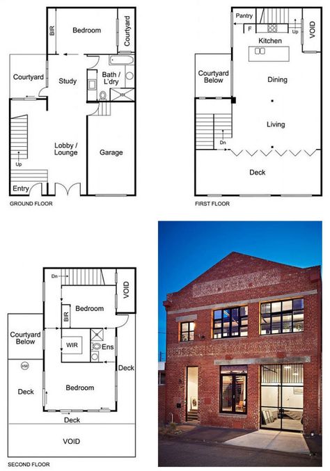 New York-Style Warehouse Conversion - 3 bedrooms, open living area, 1 car garage, lounge area, courtyard, and large deck. Townhouse Layout, Melbourne Townhouse, Warehouse Floor Plan, Loft Style House, Loft Floor Plans, Warehouse Apartment, Warehouse Living, Warehouse Loft, Converted Warehouse