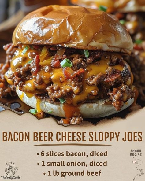 Margaret Recipes Cheese Sloppy Joes, Beer Bacon, Beer Cheese, Bacon Cheddar, Sloppy Joes, Bacon Cheese, Camping Food, Camping Meals, Ground Beef