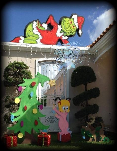 Grinch yard decorations JJ Foam Design Whoville Christmas Yard Decorations, The Grinch Yard Decorations, Grinch Front Yard, Grinch Yard Art, Grinch Yard Decor Outdoor Christmas, Whoville Yard Decorations, Grinch Yard Decor, Life Size Grinch Diy, Grinch Christmas Yard Decorations