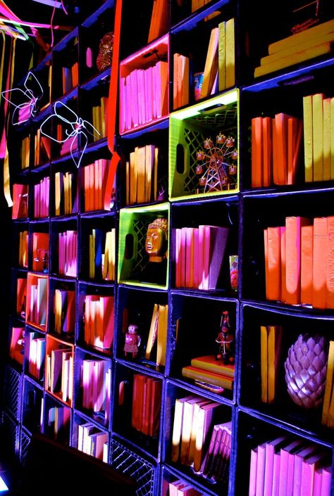 Neon Book Aesthetic, Neon Academia Aesthetic, Neon Bookshelf, Neon Library, Neon Academia, Neon Core, Vibrant Academia, Infinite Mirror, Dark Academia Interior