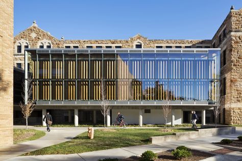 The Forum, located in the Architecture department of University of Kansas, was… In Praise Of Shadows, Houses Interior, Commercial And Office Architecture, Stone Architecture, Historical Buildings, University Of Kansas, Adaptive Reuse, Glass Facades, Commercial Architecture