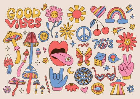 70s Hippie Aesthetic, Hippie Symbols, Paz Hippie, 70s Cartoons, Hippie Designs, Hippie Aesthetic, Hippie Flowers, Funky Design, Vintage Hippie