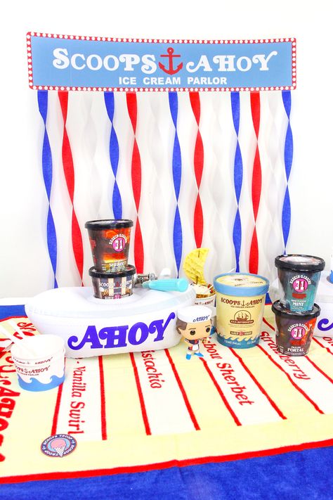 DIY Stranger Things Scoops Ahoy Ice Cream Party! Stranger Thing Birthday Party, Stranger Things 11th Birthday Party, Stranger Things Crafts Diy, Stranger Things Bday Party Ideas, Stranger Things Crafts, Diy Stranger Things Party, Stranger Things Birthday Party Ideas, Stranger Things Party Ideas, Stranger Things Diy