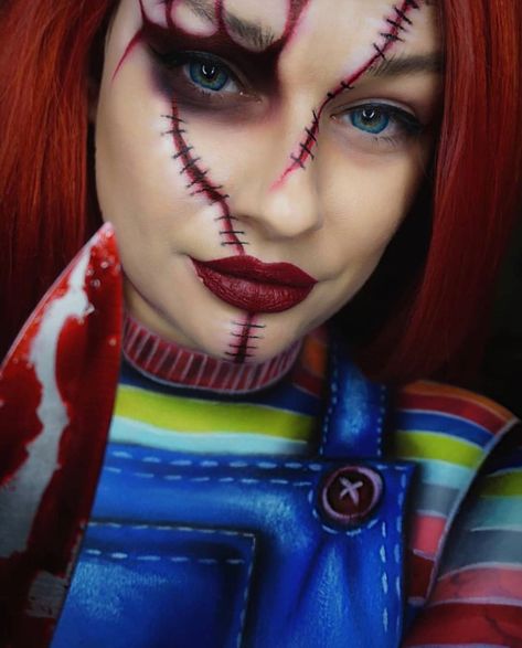 Movie Character Makeup, Long Red Wig, Chucky Makeup, Halloween Maquillaje, Unique Couple Halloween Costumes, Famous Hairstyles, Spf Makeup, Horror Make-up, Red Wig