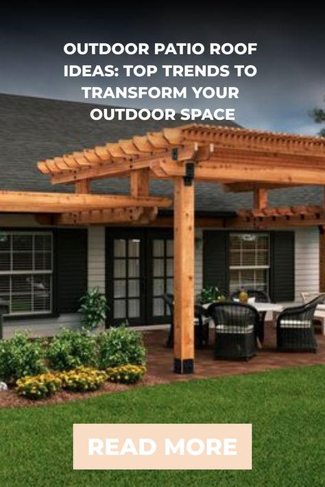 Wooden pergola over a furnished patio area in front of a house, promoting outdoor patio roof trends. Outdoor Patio Roof Ideas, Outdoor Patio Roof, Patio Roof Ideas, Patio Roof Extension Ideas, Aluminum Awnings, Timber Pergola, Diy Swing, Roof Ideas, Pergola Curtains