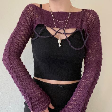 Whimsigoth Knitting, Shruggie Crochet Pattern, Shruggie Sweater, Knitted Y2k Tops For Fall, Crochet Shruggie Outfit, Knit Shruggie, Shruggie Knit, Shruggie Crochet, Crochet Outfit