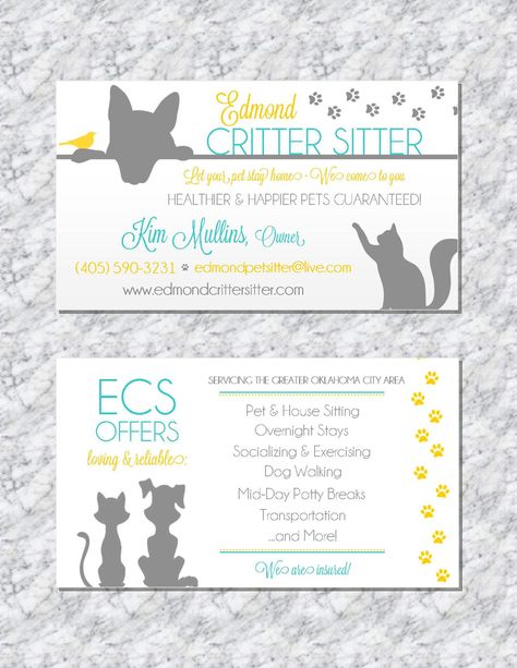 Modern pet sitting business cards by Wentroth Designs. Visit us on Facebook to see much more and to request a custom price quote for your business or event! Pet Sitting Business Cards, Dog Sitting Business, Pet Photography Business, Pet Care Logo, Critter Sitters, Pet Care Business, Pet Sitting Business, Dog Walking Business, Dog Business