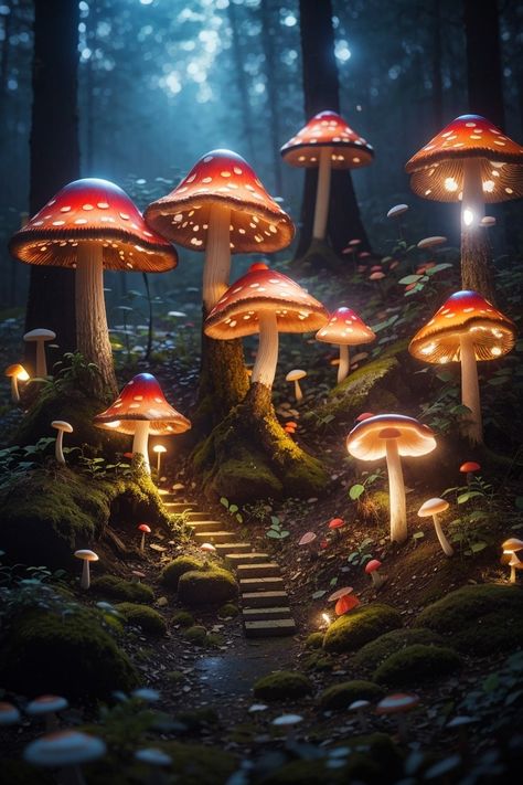 Glowing Mushroom Forest, Creative Garden Ideas, Glowing Mushrooms, Shadow Plants, Mushroom Wallpaper, Secret Forest, Mushroom Forest, Forest Light, Mushroom Fairy