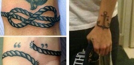 Read this! It talks about how harry covered up his "i cant change"  tattoo with the anchor. http://www.sugarscape.com/main-topics/lads/1010207/harry-styles-gets-new-anchor-tattoo-cover-his-%E2%80%98i-can%E2%80%99t-change%E2%80%99-writing-pics Harry Styles Anchor Tattoo, Tatuajes Harry Styles, Larry Tattoos, Harry Styles And Louis Tomlinson, Change Tattoo, One Direction Louis Tomlinson, Harry Styles Tattoos, One Direction Louis, Anchor Tattoos