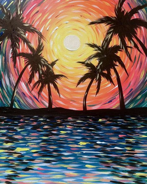 Join us for a fun, easy and colorful beach scape. If you can make dash marks, you can paint this psychedelic paradise. Make memories to last a lifetime! #paintandsip #paintingclass #pinotspalette Pinots Palette Paintings, Pinots Palette, Beach Drawing, Painted Coffee Mugs, Art Camp, Cute Paintings, Get Ready For Summer, Small Canvas Art, Daily Painting