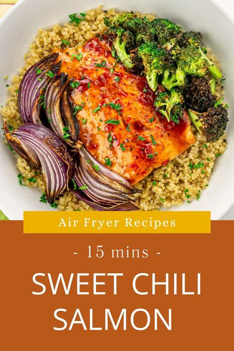 Need a quick yet impressive dinner? This Air Fryer Sweet Chili Glazed Salmon is the answer! The salmon is cooked to perfection, with a sweet and spicy glaze that enhances its natural flavors. Served with fluffy quinoa, it’s a complete meal that’s healthy, delicious, and perfect for two. The air fryer cuts down on cooking time, making it a great option for busy evenings. Save this recipe for your next dinner plan! Air Fryer Recipes For Two, Chili Glazed Salmon, Salmon With Quinoa, Sweet Chili Salmon, Chili Salmon, Seafood Healthy, Fluffy Quinoa, Salmon Quinoa, Salmon Glaze Recipes