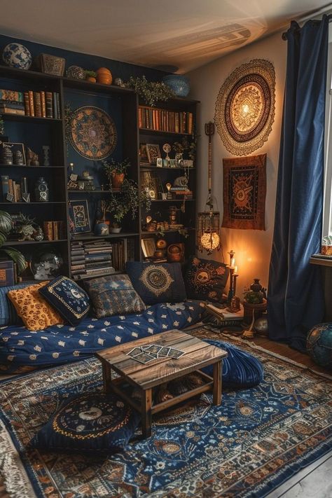 Psychic Room Aesthetic, Tarot Card Room Decor, Occult Room Aesthetic, Vintage Style Room Decor, Cozy Bedroom Wardrobe, Tarot Storage Ideas, Wizard Bedroom Aesthetic, Tarot Card Decor, Witchy Studio Apartment