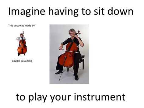 I am a bass player and my friend is a chello player. In orcestra at school I mack her by sitting down and playing my bass. I didn't make this but it was pretty relateble. Orchestra Humor, Musician Memes, Double Bass Player, Musician Jokes, Music Terms, Cello Sheet Music, Musician Humor, Band Jokes, Music Jokes