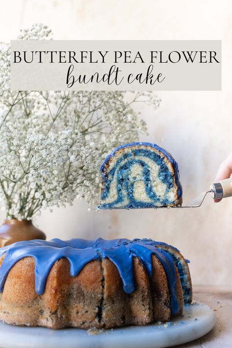 This light and fluffy vanilla cake is made extra special with one ingredient: butterfly pea powder. Butterfly pea powder naturally gives this bundt cake and the glaze its beautiful blue hue. Take your vanilla cake to the next level with this one simple ingredient! Butterfly Pea Flower Cupcakes, Flower Bundt Cake, Blue Bundt Cake, Butterfly Pea Powder, Fluffy Vanilla Cake, 4th July Food, Flower Desserts, Butterfly Pea Tea, Baking Tutorial