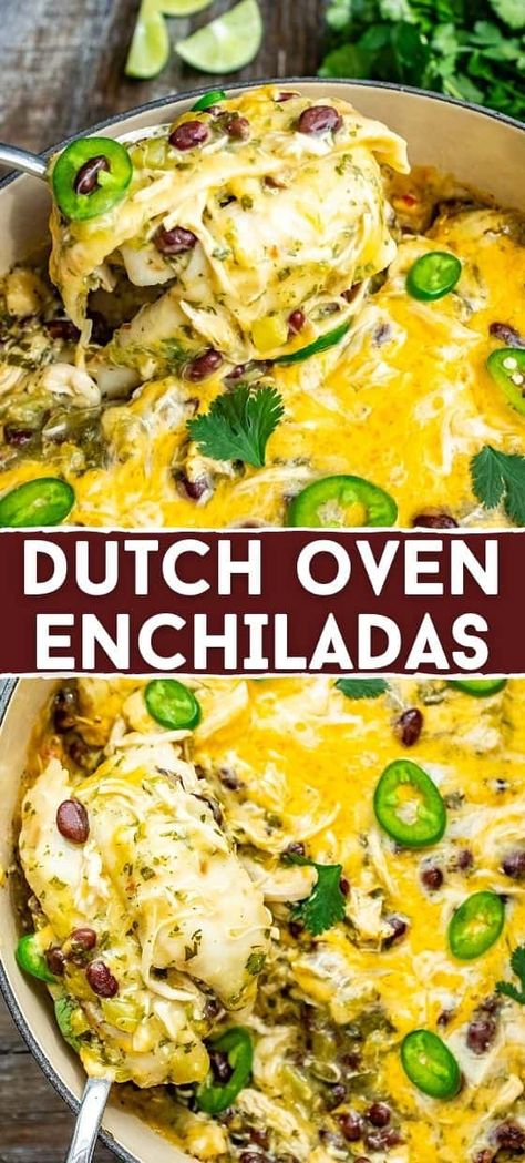 Dutch Oven Enchiladas Recipe l 100KRecipes.com Food To Make In Dutch Oven, Dutch Oven Main Dish Recipes, Dutch Oven Stovetop Recipes, Dutch Oven Cakes, Dutch Oven Enchiladas Camping, Healthy Dutch Oven Meals, Dutch Oven Chicken Enchiladas, Dutch Oven Enchilada Casserole, Mexican Dutch Oven Recipes