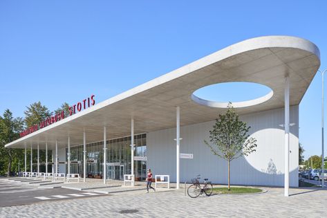 Gallery of Vilkaviškis Bus Station / Balčytis Studija - 19 Pavilion Architecture, Facade Architecture Design, Bus Terminal, Outdoor Cafe, Canopy Design, Natural Building, Structure Architecture, Small Buildings, Parking Design