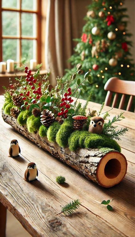 Small Logs Ideas, Woodland Forest Centerpieces, Natural Woodland Christmas Decorations, Log Christmas Centerpiece, Christmas Moss Decor, Woodland Theme Christmas Table, Forest Christmas Table Decor, Cozy Christmas Centerpiece, Christmas Log Centerpiece