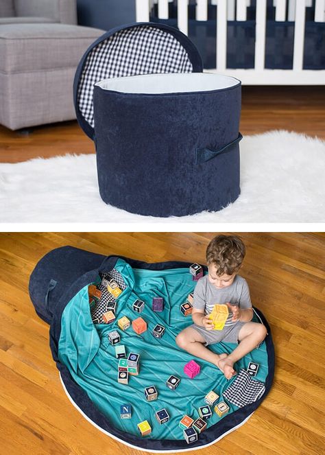 Sew the Toy Mat and Storage Bin Pattern Toddler Storage Ideas Toy Organization, Toy Storage Diy, Cushion Tutorial, Diy Toy Storage, Rainy Day Crafts, Toy Storage Organization, Fabric Storage Bins, Kids Game, Toddler Accessories