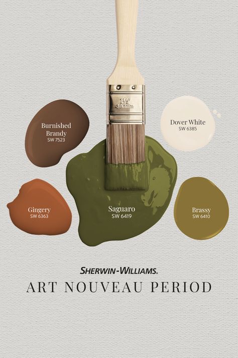 Infuse art nouveau into your space with elegant patterns, organic forms and muted, deliciated colors like Brassy SW 6410 and Gingery SW 6363 from Sherwin-Williams. Tap this pin to order your FREE color chip samples and try them in your next art-inspired project. #SherwinWilliams #DIY #InteriorDesign #Color #Inspiration #Paint #Decor #HomeImprovement #HomeDecor #ColorPalette #PaintColorPalette #ArtistPalette Ewok Village, Distressed Kitchen Cabinets, Bathroom 2024, Paint Decor, Color Combinations Paint, Color Mood, Interior Colors, Paint Color Inspiration, Sherwin Williams Colors