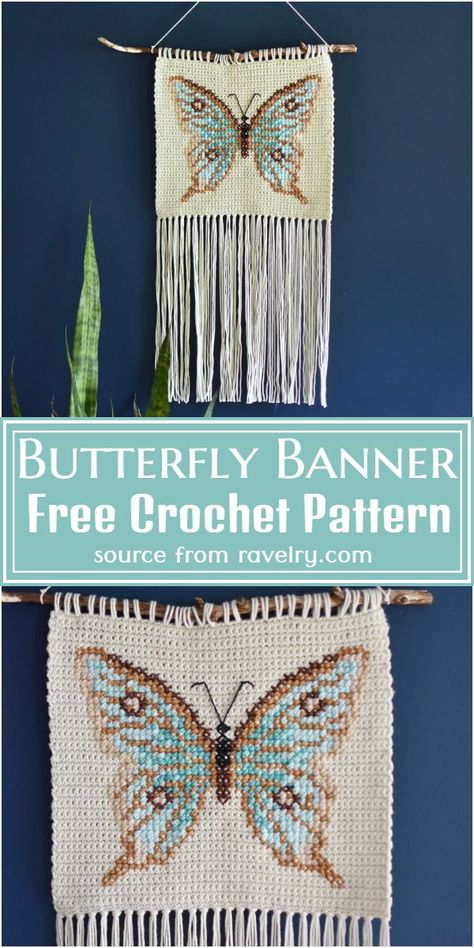 Free Crochet Butterfly Banner Pattern #freecrochetpattern #crochetbutterfly #freecrochetbutterfly #crochetbutterflypattern #freecrochetbutterflypattern Year Crochet Project, Crochet Butterfly Wall Hanging, Crochet Butterfly Tapestry, Crochet Tapestry Pillow, Dorm Crochet, Crochet Tapestry Pattern Free, Crochet Tapestry Wall Hanging, Wall Pattern Diy, Butterfly Banner