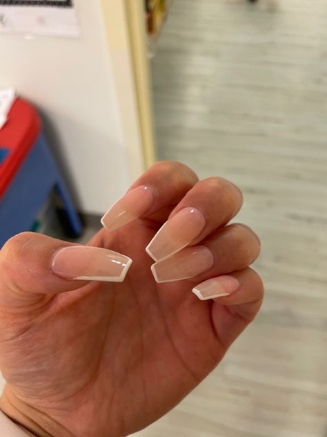 Ivory Acrylic Nails Coffin, Border French Tip Nails, White Border Nails, Outlined Nails Coffin, White Outlined Nails Coffin, Edge French Tip Nails, White Outline Nails Coffin, Coffin Outline Nails, Nude Vacation Nails