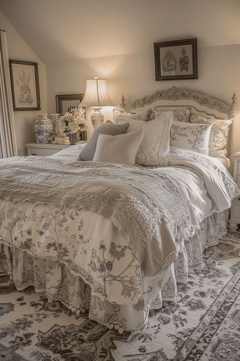 feminine farmhouse bedroom Farmhouse Neutral Bedding, Cottage Style Bedrooms Ideas, Feminine Bedroom Romantic Cozy, White Metal Frame Bedroom Ideas, Rustic Master Bedrooms Decor Shabby Chic, French Country Bedding Sets, Neutral Romantic Bedroom, Feminine Farmhouse Bedroom, Feminine Bedroom Ideas For Women