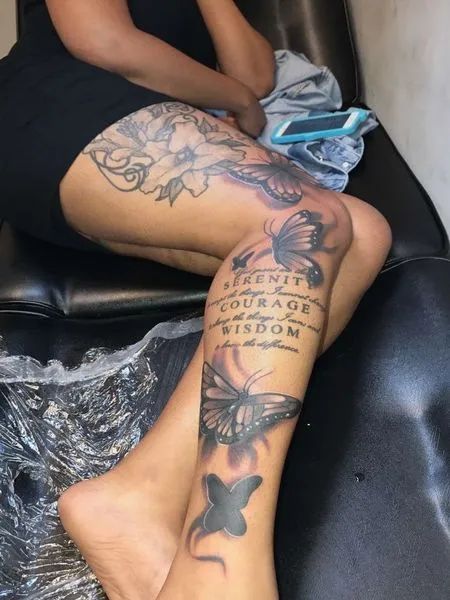 Side Leg Tattoo Flower Leg Tattoos, Lower Leg Tattoos, Small Girly Tattoos, Full Leg Tattoos, Tattoos Women, Leg Tattoos Women, Dope Tattoos For Women, Butterfly Tattoos, Stylist Tattoos