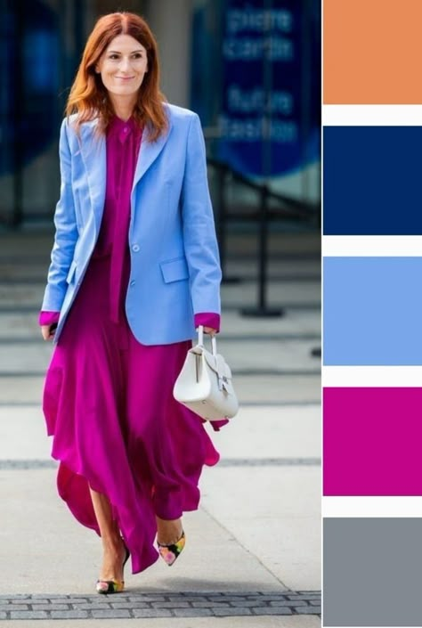 Fuschia Skirt Outfit Ideas, Blue And Fuschia Outfit, Magenta Color Combinations Outfit, Fuschia Color Combinations, Magenta Skirt Outfit, Fuchsia Color Combination, Maroon Branding, Magenta Outfits, Fuschia Skirt