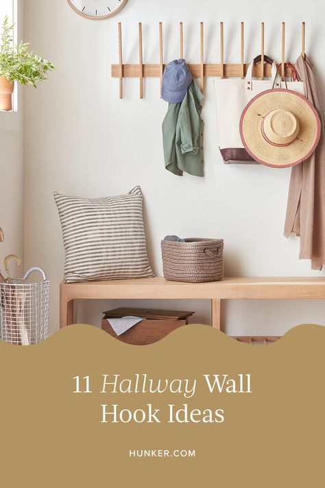 Wall Mounted Hooks Entryway, Coat Hanging Wall Entryway, Hook Placement On Wall, Wall Coat Hanger Ideas, Hook Ideas For Coats, Entryway Wall Coat Rack, Hallway Coat Hook Ideas, Decorative Wall Hooks Entryway, Wall Mounted Coat Hooks