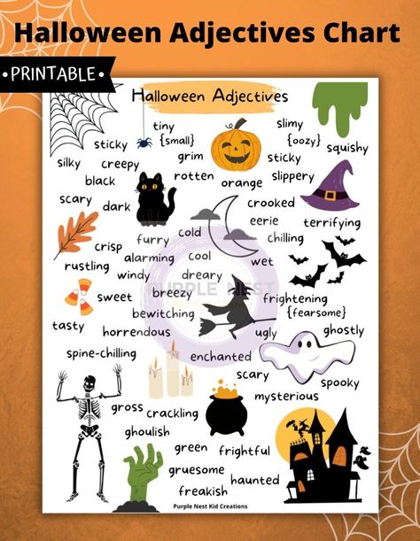 "Halloween Adjectives Chart A colourful reference sheet that includes adjectives related to the Halloween holiday - a great tool for writing exercises!  - 1-page digital download - laminate for durability **This is a DIGITAL DOWNLOAD. No physical product will be mailed to you.  You will receive a PDF file for printing on regular 8.5\"x11\" paper.  - - - - - - - NOTE: This printable is intended for personal use only. Not for resale. You may not copy, alter or share these digital files. Thank you! Halloween Adjectives, Monster Adjectives, Adjectives Chart, Language Arts Homeschool, Halloween Felt Crafts, Prompts Journaling, Adjectives Activities, Adjective Words, Halloween Lesson