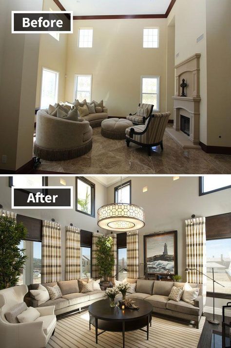 Living room design before and after interior #livingroomfurniture Upper Windows In Living Room, Too Many Windows In Living Room, Angled Living Room, Staging Company, Family Friendly Living Room, High Ceiling Living Room, Furnitur Ruang Keluarga, Window Casing, Trendy Living Rooms