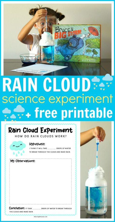 Sponsored by Disney Book Group. This Easy Rain Cloud Experiment for Kids is a fun STEM science project to teach kids about weather and how clouds make rain + FREE printable observation sheets! #BrucesBigStorm #freeprintable #stem #science #kids #kidsactivities #activitiesforkids #kidscrafts Cloud Experiments For Kids, Kindergarten Weather Experiments, Weather Experiments For Kids, Weather Related Science Experiments, Weather Prek, 1st Grade Weather Experiment, Cloud Experiment, Rain Cloud Experiment, How Clouds Make Rain Science Experiment