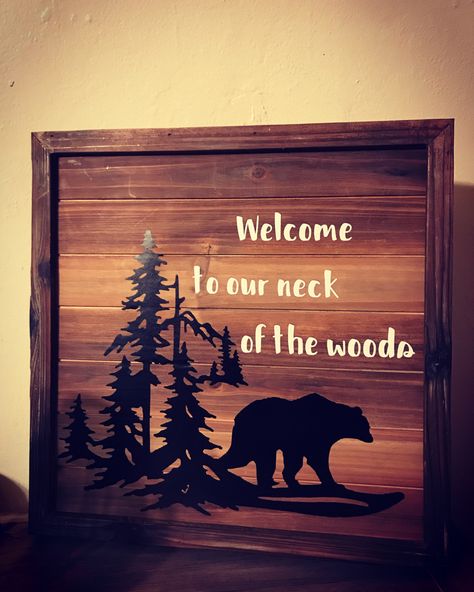 Welcome To Our Neck Of The Woods, Welcome To Our Cabin Sign, Wood Decor Diy, Campsite Signs, Homemade Signs, Cabin Signs, Camping Signs, Lodge Decor, Rustic Wood Signs