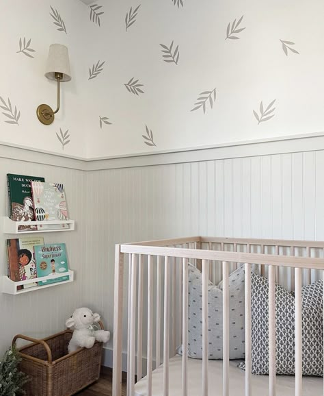 Nursery With Dado Rail, White Board And Batten Nursery, Bead Board Wall Nursery, Vj Panelling Nursery, Nursery Wall Paneling Ideas, Half Panelled Walls Nursery, Tongue And Groove Nursery, Beadboard Accent Wall Nursery, Nursery Half Wall