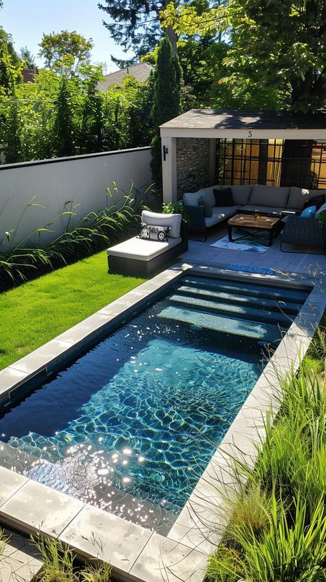 In Ground Plunge Pool, Backyard Small Pool Designs, Modpool Backyard, Small Rectangle Pools For Small Yards, Small Plunge Pool Ideas, Backyard Landscaping With Pool Ideas, Pool Off Patio, Mini Pool Backyard, Small Pool Landscaping