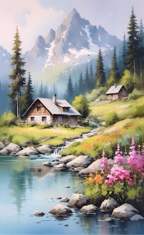 Cottage Scenery Painting, Landscapes To Paint Acrylics, Mountain Landscape Photography, Beach Art Painting, Scenery Paintings, Soyut Sanat Tabloları, Landscape Paintings Acrylic, Beauty Art Drawings, Cottage Art