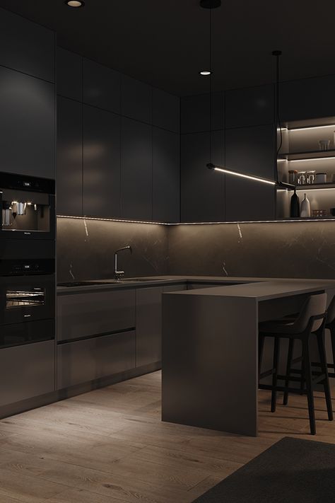 Kitchen Aesthetic Minimalist Dark, Minimalist Apartment Dark, Dark Grey Home Decor, Dark Minimalist Home Decor, Dark Minimalist Interior Design, Dark Minimalist Kitchen, Minimalist Kitchen Dark, Dark Minimalist Apartment, Dark Minimalist Living Room