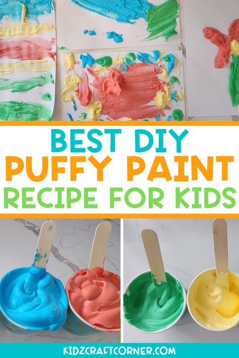 This puffy paint recipe is perfect for kids! They will love watching the shaving cream foam up and transform into colorful paint. Plus, it's so easy to make - all you need is a few simple ingredients. Let your little ones get creative and have fun with this fun painting activity! Paint With Shaving Cream, Outdoor Art Activities, Easy Art Activities For Kids, Make Puffy Paint, Glue And Food Coloring, Puffy Paint Crafts, Easy Painting Ideas For Kids, Puffy Paint Recipe, Art Projects For Toddlers