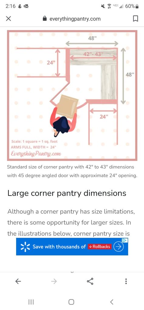 Corner Kitchen Pantry Dimensions, Small Corner Pantry Ideas Built Ins, U Shaped Kitchen With Pantry Layout, Corner Pantry Small Kitchen, Kitchen Remodel Corner Pantry, Diy Small Corner Pantry, Corner Pantry Measurements, Kitchens With Corner Pantry, Small Corner Pantry Dimensions