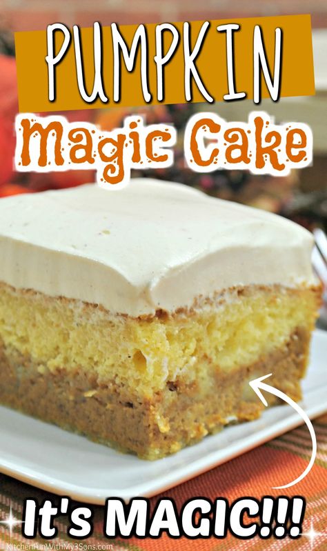 Pumpkin Magic Cake, Pumpkin Foods, Pan Desserts, Pumpkin Spice Sugar Cookies, Magic Cake Recipes, Pumpkin Magic, Baking Therapy, Cake Pumpkin, Cake Mix Ingredients