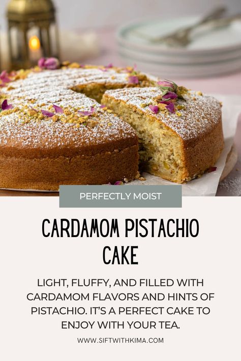 Not Sweet Cake, Tea Cake Flavors, Cardamom Recipes Baking, Pistachio Tea Cake, Cardamom Cake Recipe, Pistachio Almond Cake, Tea Cake Ideas, Pistachio Wedding Cake, Cake With Pistachio Cream