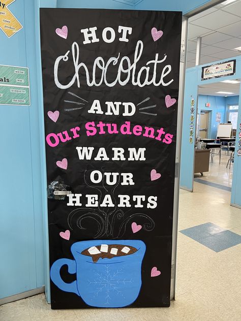 Hot Cocoa Door Decorations Classroom, Hot Coco Door Decorating, Hot Chocolate Classroom Door, Hot Cocoa Door Decoration, Winter School Bulletin Board Ideas, Nursing Home Decorating Ideas, Hot Cocoa Bulletin Board, January Door Decorations Classroom, January Classroom Door