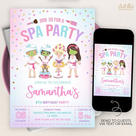 "Join Us For A Spa Party Invitation, Editable Pamper Party Invite Template, Tween Manicure & Pedicures Birthday, Glitz and Glam Girls, KP225 This beautiful invite template is the perfect way to invite your guests to your party! Personalize the template through CORJL, an easy to use template editor that works in your web browser, and print it through your home printer or your local printing shop! ⭐ DEMO - try before you buy ➥ Try it right now! Just copy and paste this demo link into your web browser (CORJL works best in PC or Mac) https://www.corjl.com/d/1N5BDJ ⭐ IT'S A MATCH! ➥ Click this link for all the matching items! https://www.etsy.com/shop/DahliaPaperBoutique?search_query=KP225 ➥ ALL KID'S BIRTHDAY INVITE: https://www.etsy.com/shop/dahliapaperboutique/?section_id=31883780 - ALL THE Pedicure Party, Spa Party Invitations, Girl Spa Party, Spa Birthday Parties, Spa Birthday, Pamper Party, Invite Template, Spa Party, Printing Shop