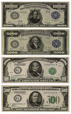 Large Denominations of United States Currency | Large denominations of United States currency | BagOfNothing.com Dollar Usa, Fake Documents, Banknotes Money, Money Template, Dollar Banknote, Currency Design, Currency Note, Money Notes, Money Collection