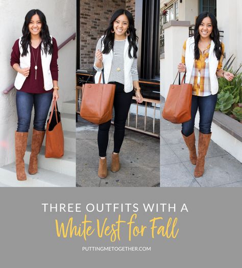 3 Outfits with a White Vest for Fall White Puffer Vest Outfits For Women, White Vest Outfits For Women, White Puffer Vest Outfit, Quilted Vest Outfit, White Vest Outfit, Fall Vest Outfits, Puffer Vest Outfit, Vest Outfits For Women, White Puffer Vest