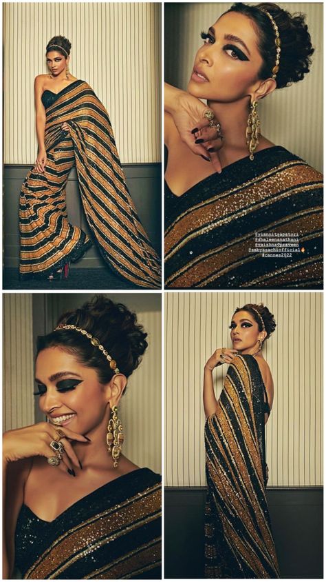 Retro Saree Look, Depeeka Padukone, Deepika Padukone Makeup, Diwali Saree, Deepika Padukone Saree, Saree Styling, Bollywood Retro, Pony Hairstyles, Shreya Ghoshal