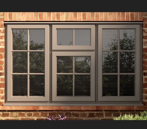 Casement Windows Exterior, Coloured Upvc Windows, Grey Window Frames, Window Frame Colours, Front Window Design, Window Glass Design, Oak Windows, House Window Design, Exterior House Remodel